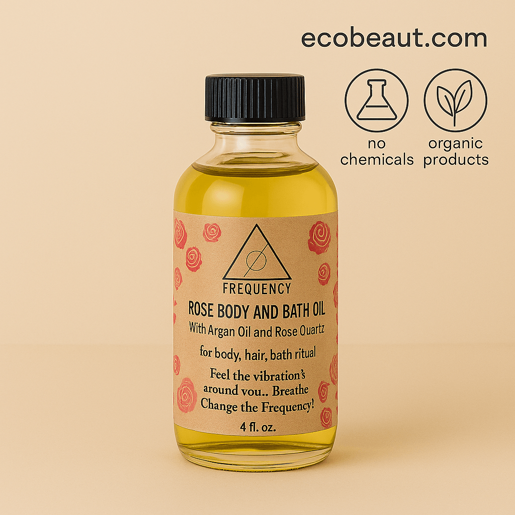 Clean product shot of Frequency Rose Body and Bath Oil with eco-friendly kraft label on beige background. Top right includes ecobeaut.com and eco icons: no chemicals, organic products.