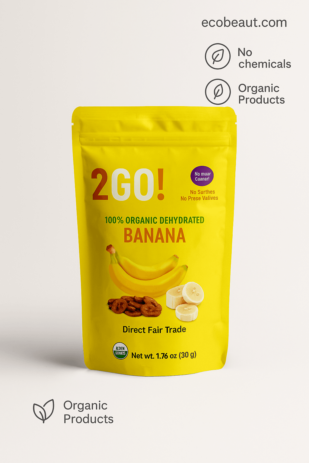 Close-Up of 2GO! Organic Dehydrated Banana Snack Pack – Healthy No-Sugar-Added Fruit Treat – ecobeaut.com