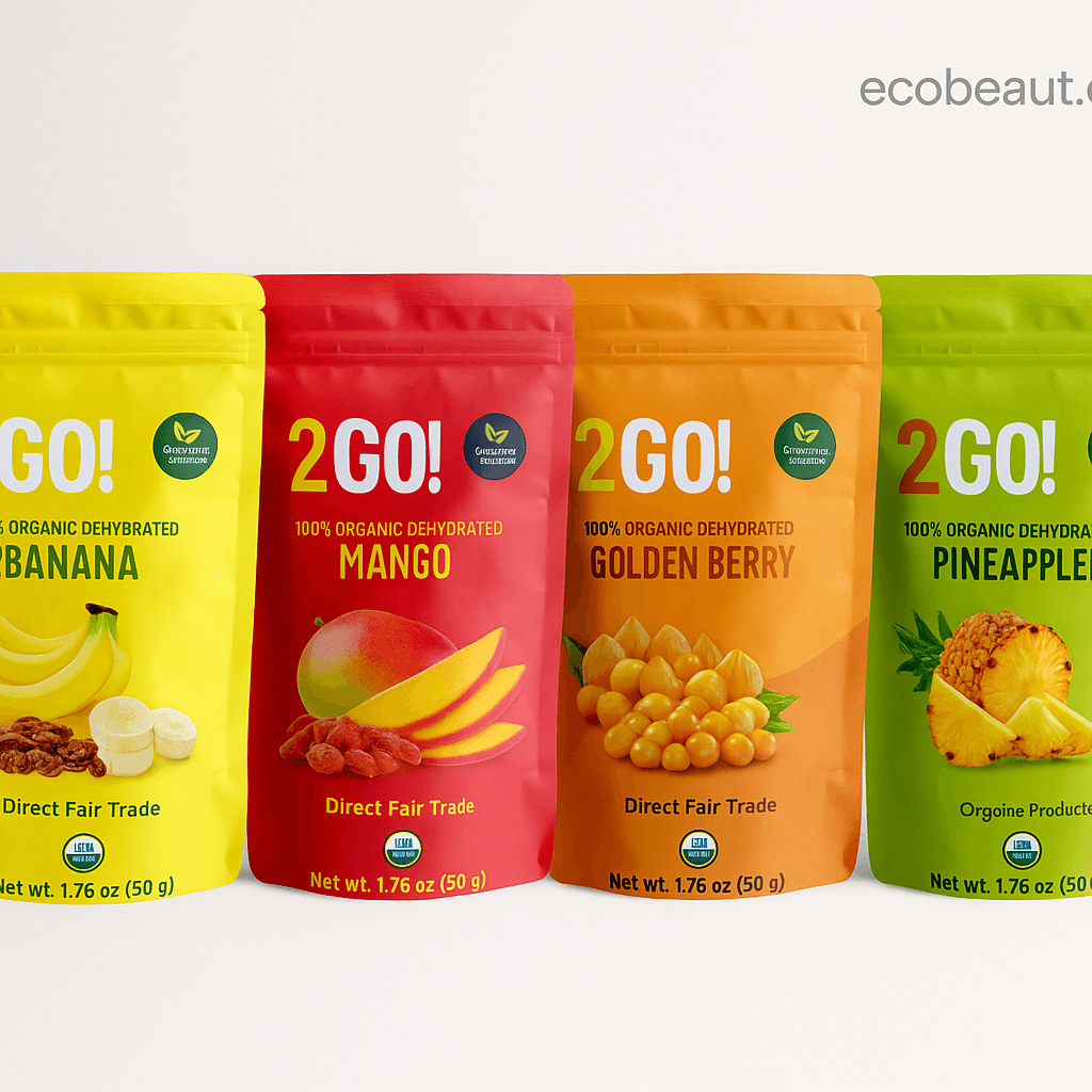 Close-up of 2GO! Organic Dried Fruit Variety Pack – Detailed view of eco-friendly packaging of banana, mango, golden berry, and pineapple dried fruits with organic certification. ecobeaut.com and 'no chemicals' labels clearly displayed.