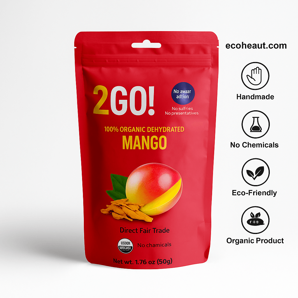 Close-up of 2GO! Organic Dried Mango in resealable red pouch with organic product and no chemicals icons, ecobeaut.com in top-right