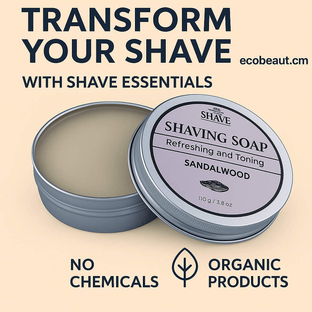 Close-up of BOX Shave Sandalwood Shaving Soap in an open silver tin with ecobeaut.com label – organic and chemical-free shaving product.