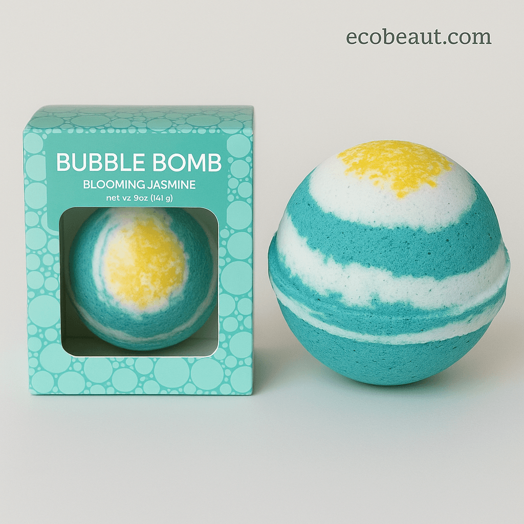 Close-up of Blooming Jasmine Bubble Bomb and its box on a soft grey background, highlighting its blue, white, and yellow layers, ecobeaut.com