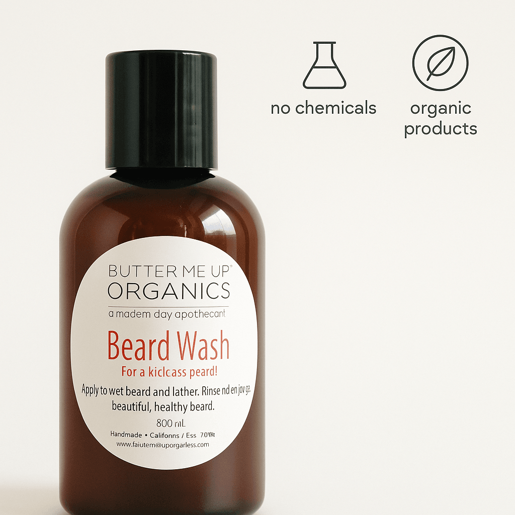 Close-up of Butter Me Up Organics Beard Wash bottle with clean design – no chemicals, organic ingredients, premium beard care from ecobeaut.com