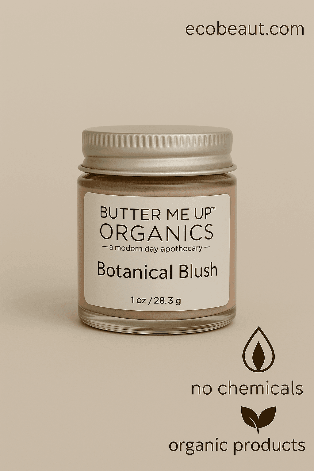Close-up of Butter Me Up Organics Botanical Blush jar with silver lid on beige background – ecobeaut.com, no chemicals, organic products