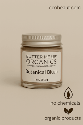 Close-up of Butter Me Up Organics Botanical Blush jar with silver lid on beige background – ecobeaut.com, no chemicals, organic products