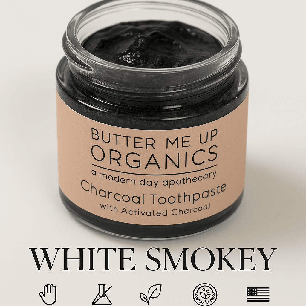Close-up of Butter Me Up Organics Charcoal Toothpaste jar – Activated charcoal, natural ingredients, eco-friendly oral care – ecobeaut.com