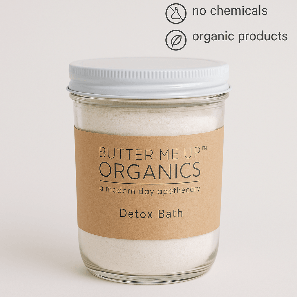 Close-up of Butter Me Up Organics Detox Bath jar with kraft label – Epsom and bentonite clay formula, organic and chemical-free