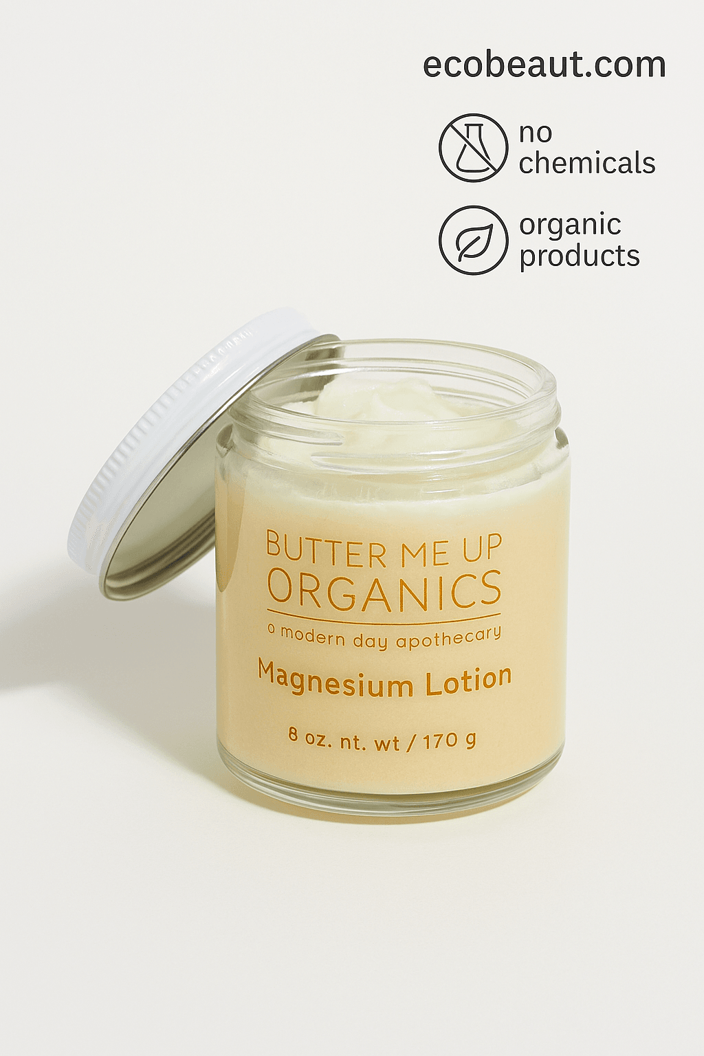 Close-up of Butter Me Up Organics Magnesium Lotion in clear glass jar with white lid, shown on clean background with ecobeaut.com, no chemicals, organic products – organic magnesium cream USA