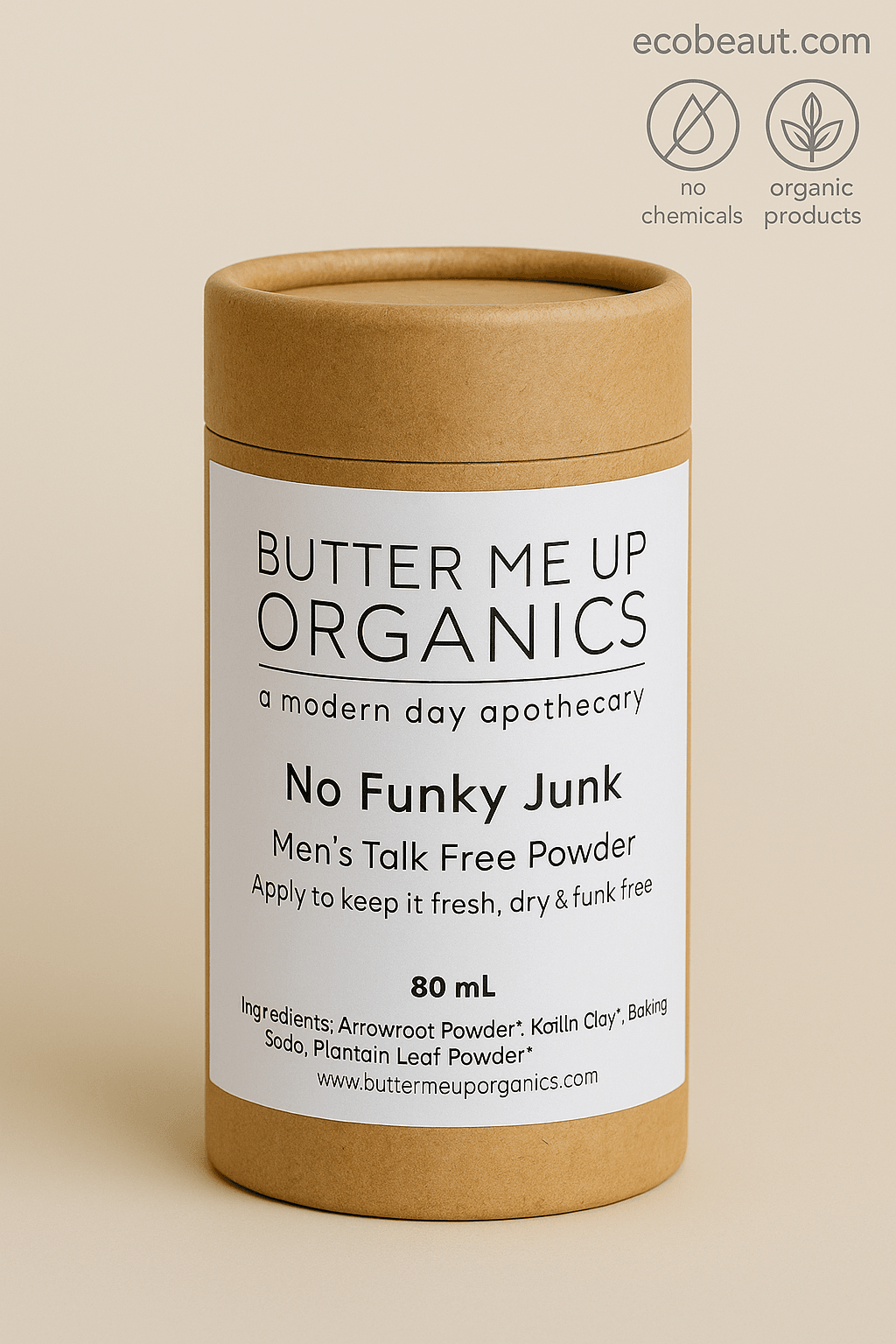 Close-up of Butter Me Up Organics No Funky Junk Talc-Free Powder in kraft paper container – no chemicals, organic product from ecobeaut.com