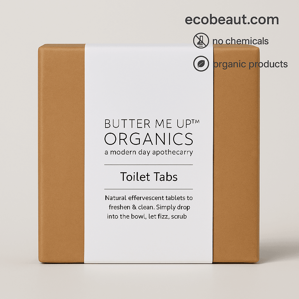 Close-up of Butter Me Up Organics Toilet Tabs kraft box with no chemicals and organic products labels – natural toilet cleaning solution