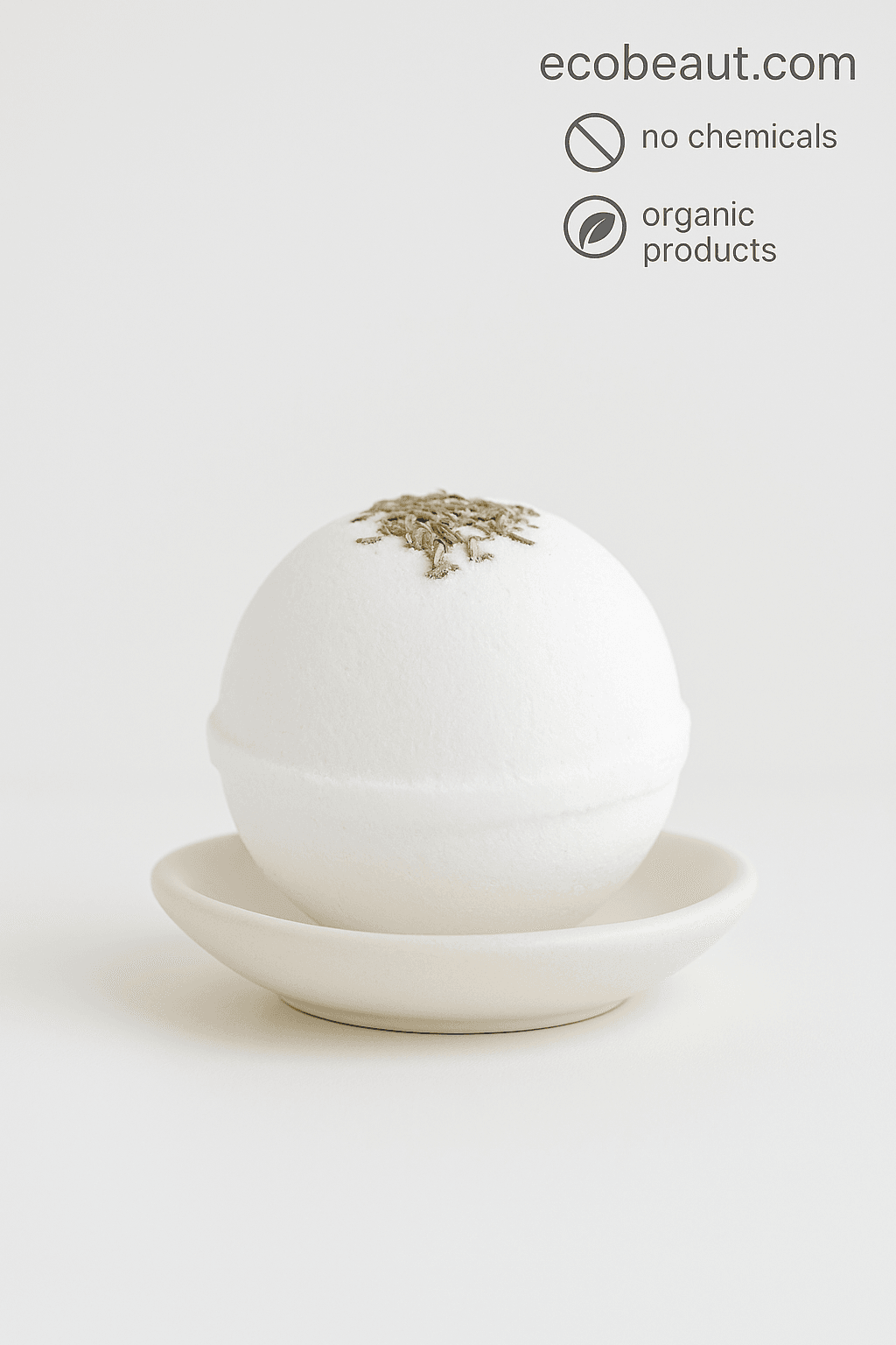 Close-up of Butter Me Up Organics bath bomb on ceramic dish – handmade with dried herbs, natural and chemical-free ingredients