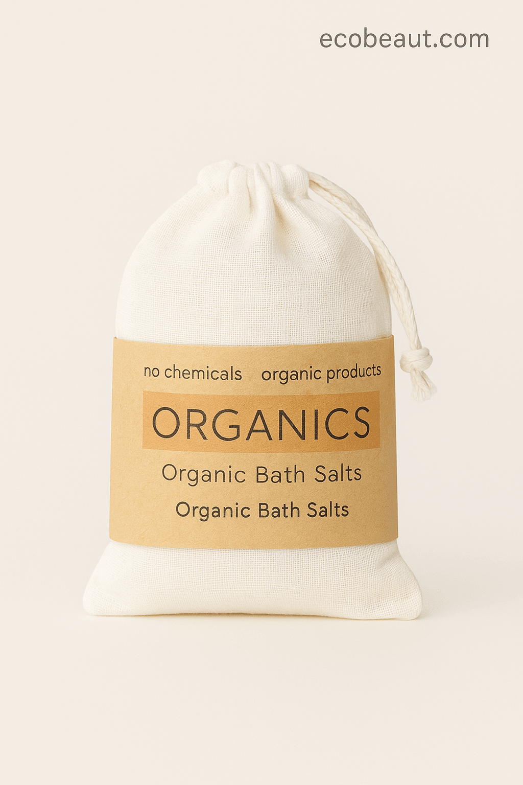 Close-up of Butter Me Up Organics bath salts in a natural cotton pouch with kraft label – labeled organic product with no chemicals from ecobeaut.com