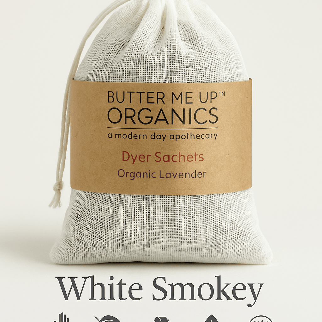 Close-up of Butter Me Up Organics lavender dryer sachets in eco packaging – Organic, Handmade, No Chemicals, Eco-Friendly, Made in USA – ecobeaut.com