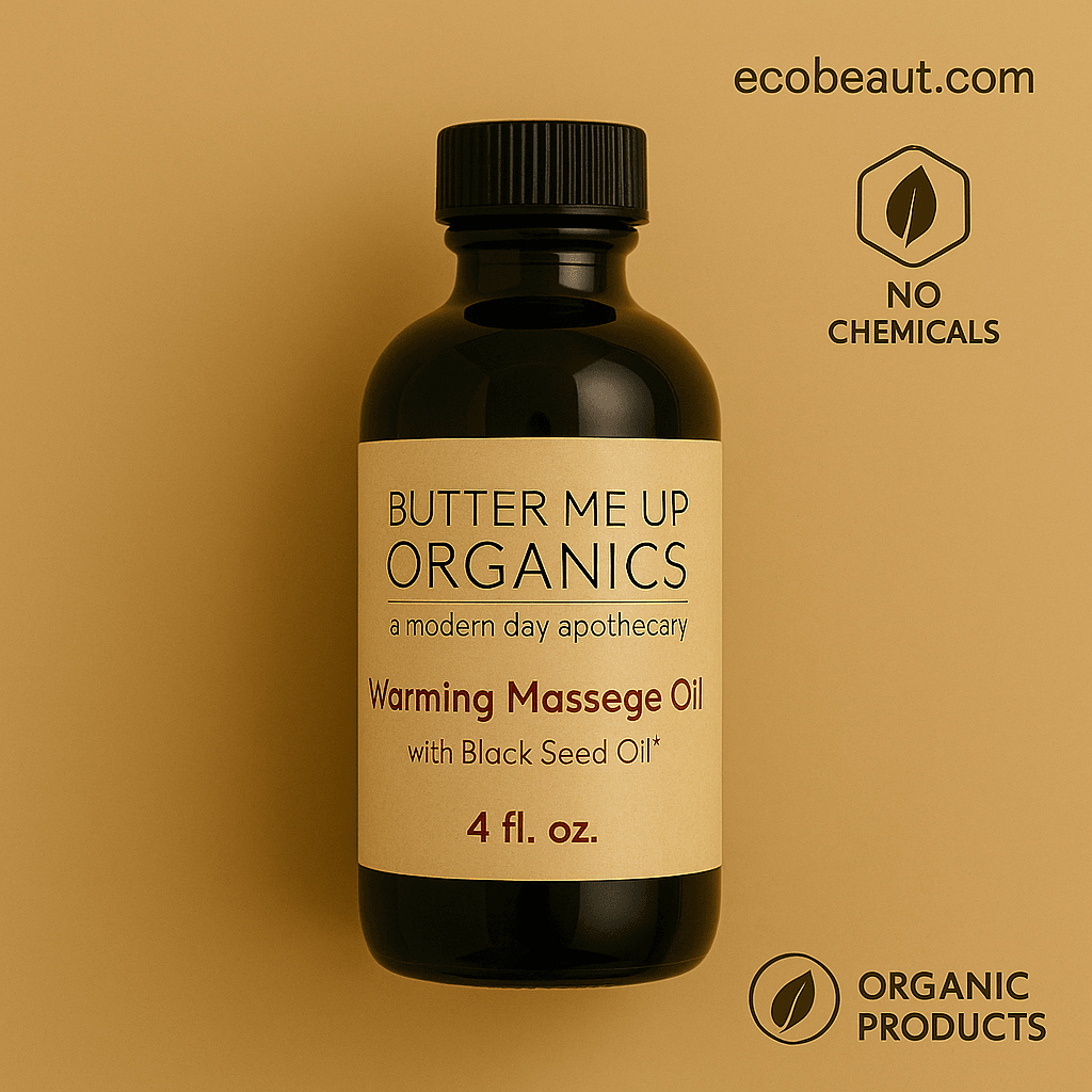 Close-up of Butter Me Up Organics warming massage oil – black seed oil – organic skincare – ecobeaut.com