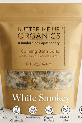 Close-up of Calming Bath Salts in kraft pouch on neutral background – labeled "White Smokey" – Handmade, No Chemicals, Organic Product, Eco-Friendly, Made in USA – ecobeaut.com