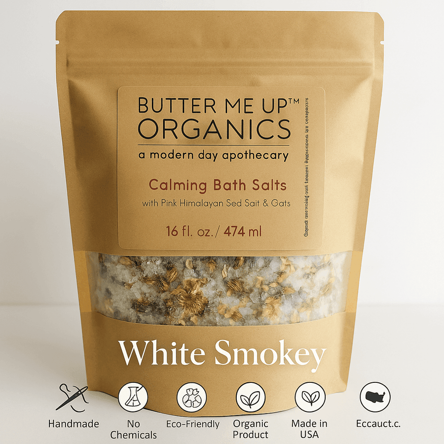 Close-up of Calming Bath Salts in kraft pouch on neutral background – labeled "White Smokey" – Handmade, No Chemicals, Organic Product, Eco-Friendly, Made in USA – ecobeaut.com