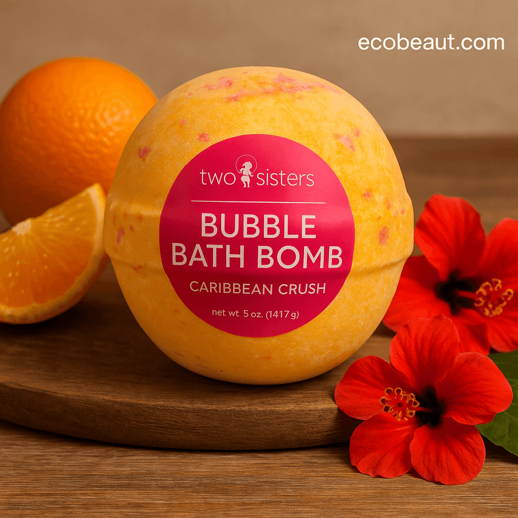 Close-up of Caribbean Crush Bubble Bath Bomb by Two Sisters – fizzy tropical bath experience for kids and adults