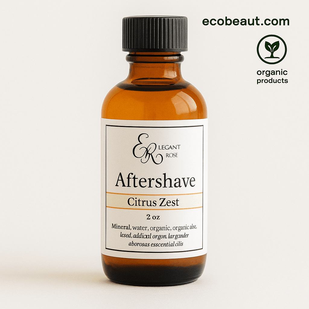 Close-up of Citrus Zest Aftershave bottle – 2 oz organic formula with witch hazel and essential oils, ecobeaut.com