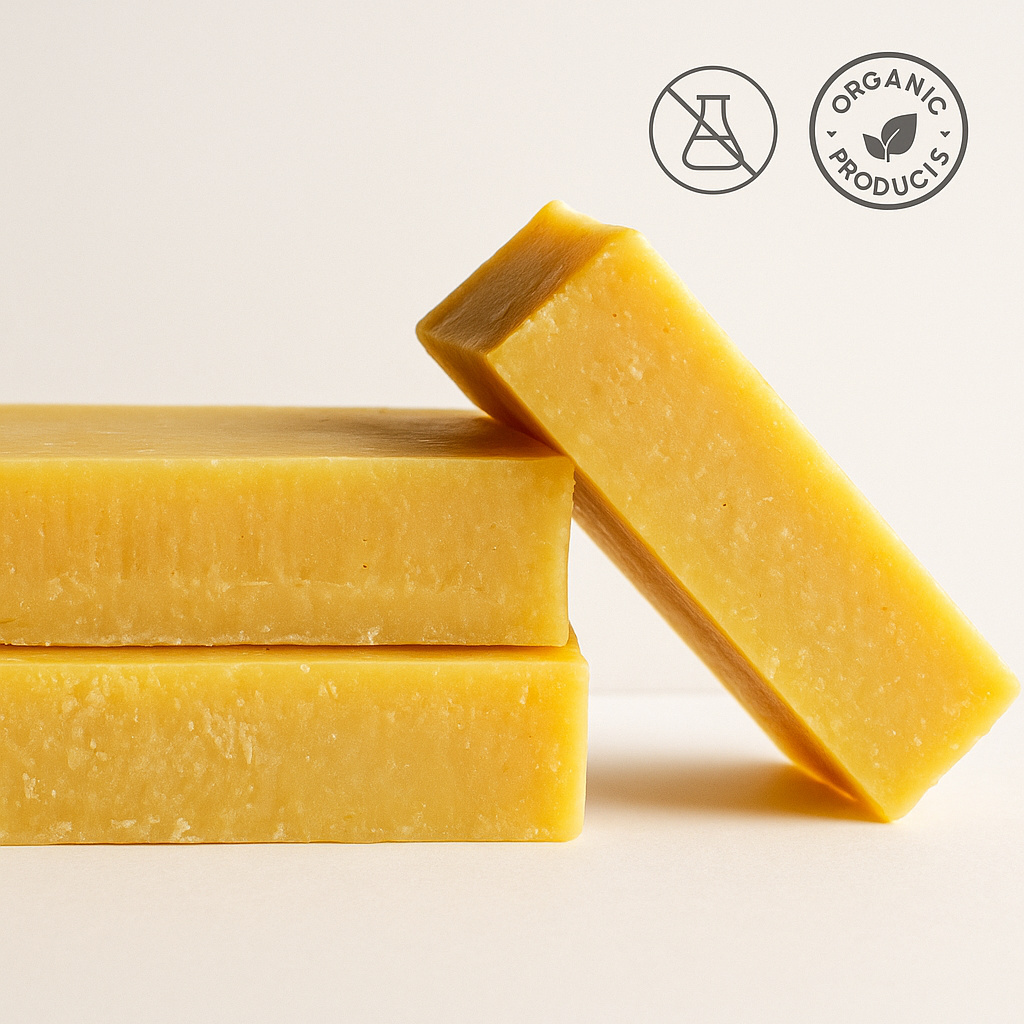 Close-up of Citrus Zest organic shampoo and body bar – golden soap with eco-friendly labels, no chemicals, from ecobeaut.com