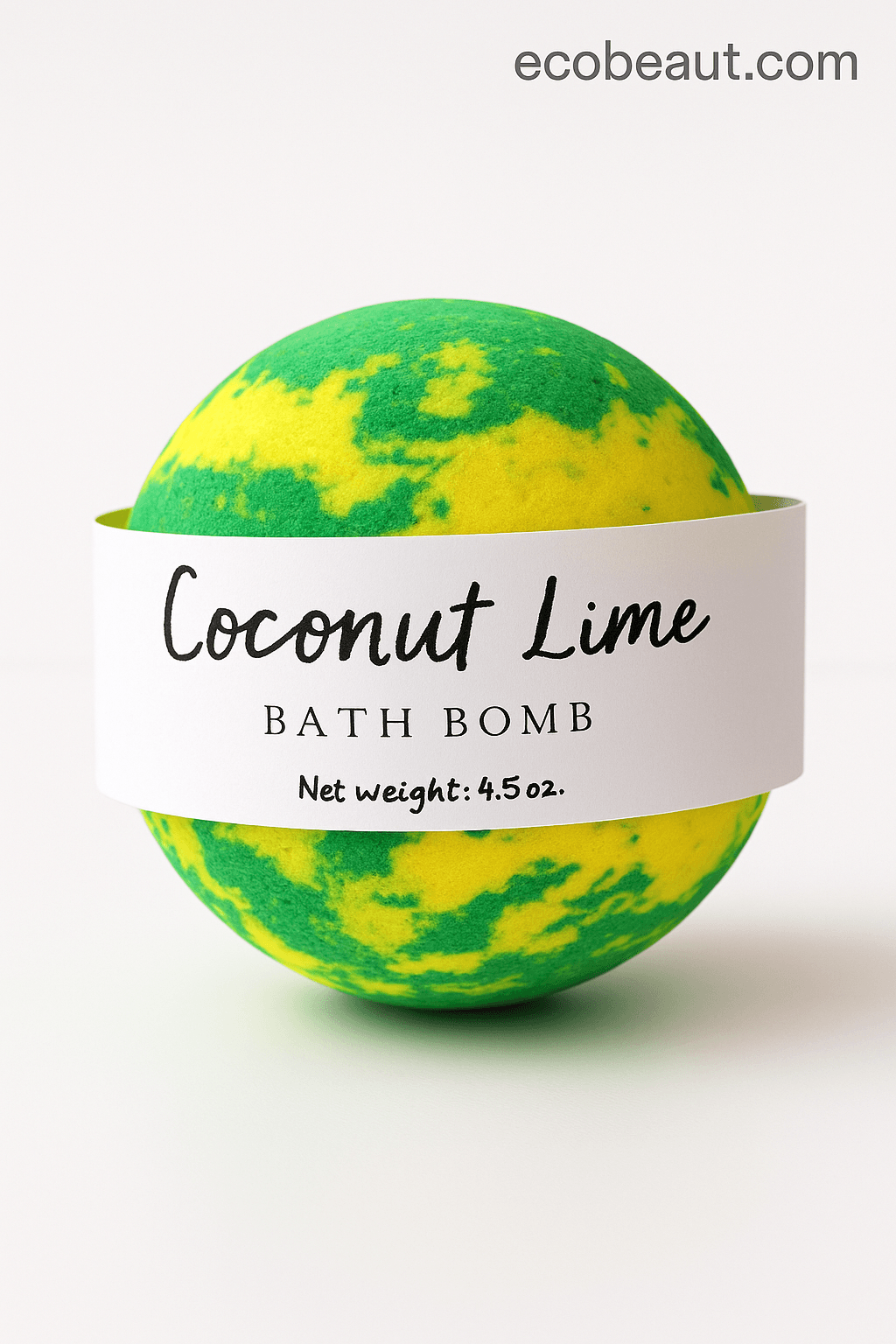 Close-up of Coconut Lime bath bomb with white label on clean white background – eco-friendly artisan bath bomb from ecobeaut.com