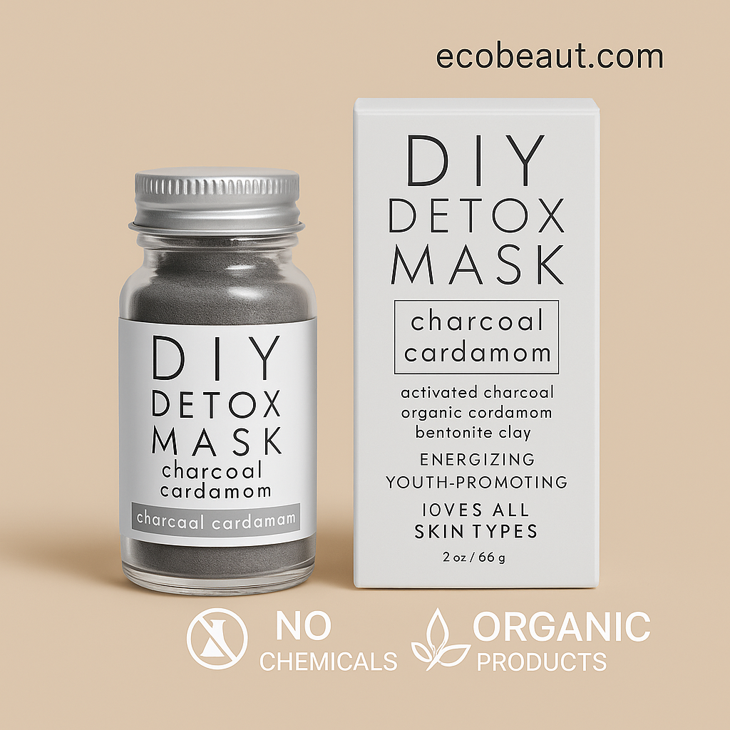 Close-up of DIY Detox Mask packaging and product jar on a neutral beige background with ecobeaut.com at the top right and clean icons for NO CHEMICALS and ORGANIC PRODUCTS below