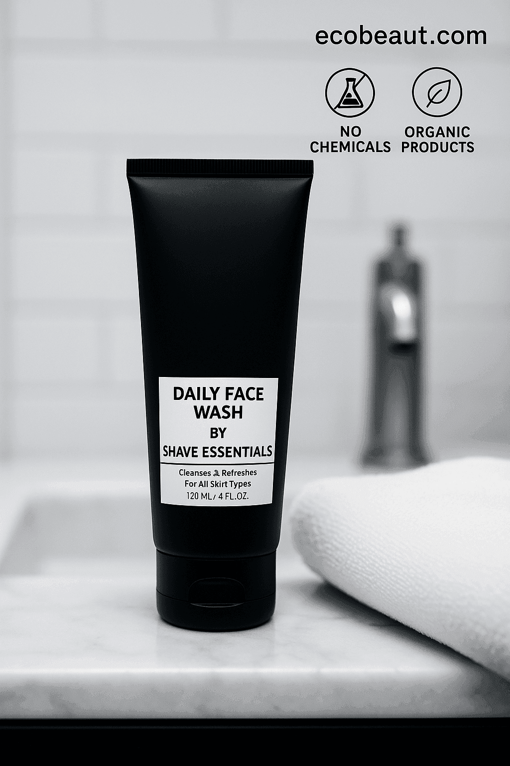 Close-up of Daily Face Wash by Shave Essentials standing on a clean marble counter with a white towel and blurred faucet in the background, labeled with ecobeaut.com and 'no chemicals, organic products' icons.
