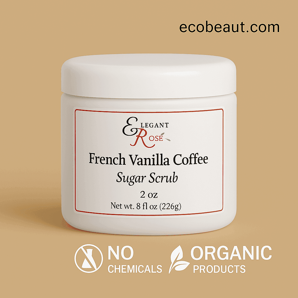 Close-up of Elegant Rose French Vanilla Coffee Sugar Scrub jar on a soft beige background, ecobeaut.com in the top right corner, with white icons for no chemicals and organic products below