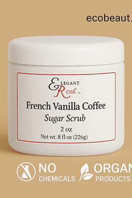 Close-up of Elegant Rose French Vanilla Coffee Sugar Scrub jar on a soft beige background, ecobeaut.com in the top right corner, with white icons for no chemicals and organic products below