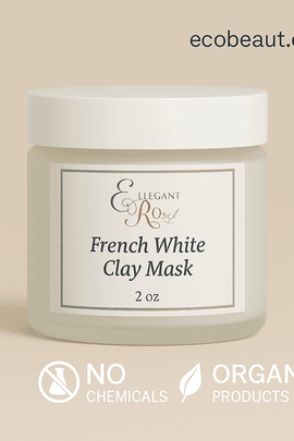 Close-up of Elegant Rose French White Clay Mask jar on neutral background with ecobeaut.com in top right corner and white icons no chemicals and organic products at the bottom"