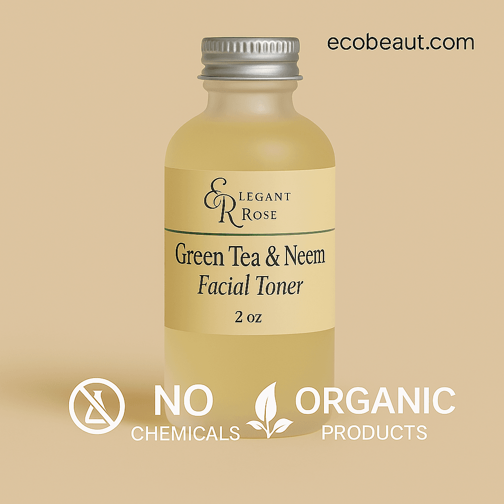 Close-up of Elegant Rose Green Tea & Neem Facial Toner bottle on a soft beige background, with ecobeaut.com in the top right and white icons for no chemicals and organic products at the bottom