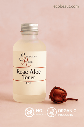 Close-up of Elegant Rose Rose Aloe Toner bottle on a neutral beige background with ecobeaut.com in the top right corner and white icons for no chemicals and organic products at the bottom