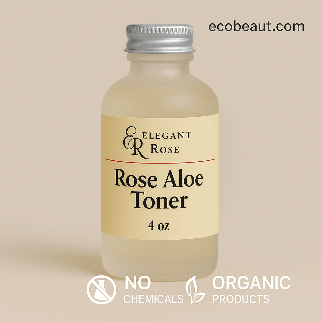 Close-up of Elegant Rose Rose Aloe Toner bottle on a soft beige background with ecobeaut.com in the top right corner and clean white icons below stating NO CHEMICALS and ORGANIC PRODUCTS