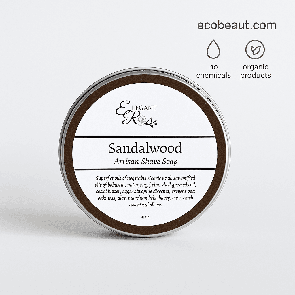 Close-up of Elegant Rose Sandalwood Artisan Shave Soap tin with clear label and eco-friendly certifications – handcrafted shaving soap from ecobeaut.com.