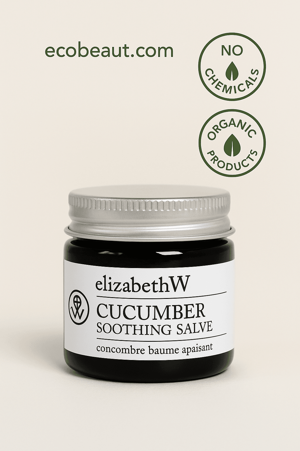 Close-up of ElizabethW Cucumber Soothing Salve jar with silver lid and clean label – organic and chemical-free product featured by ecobeaut.com