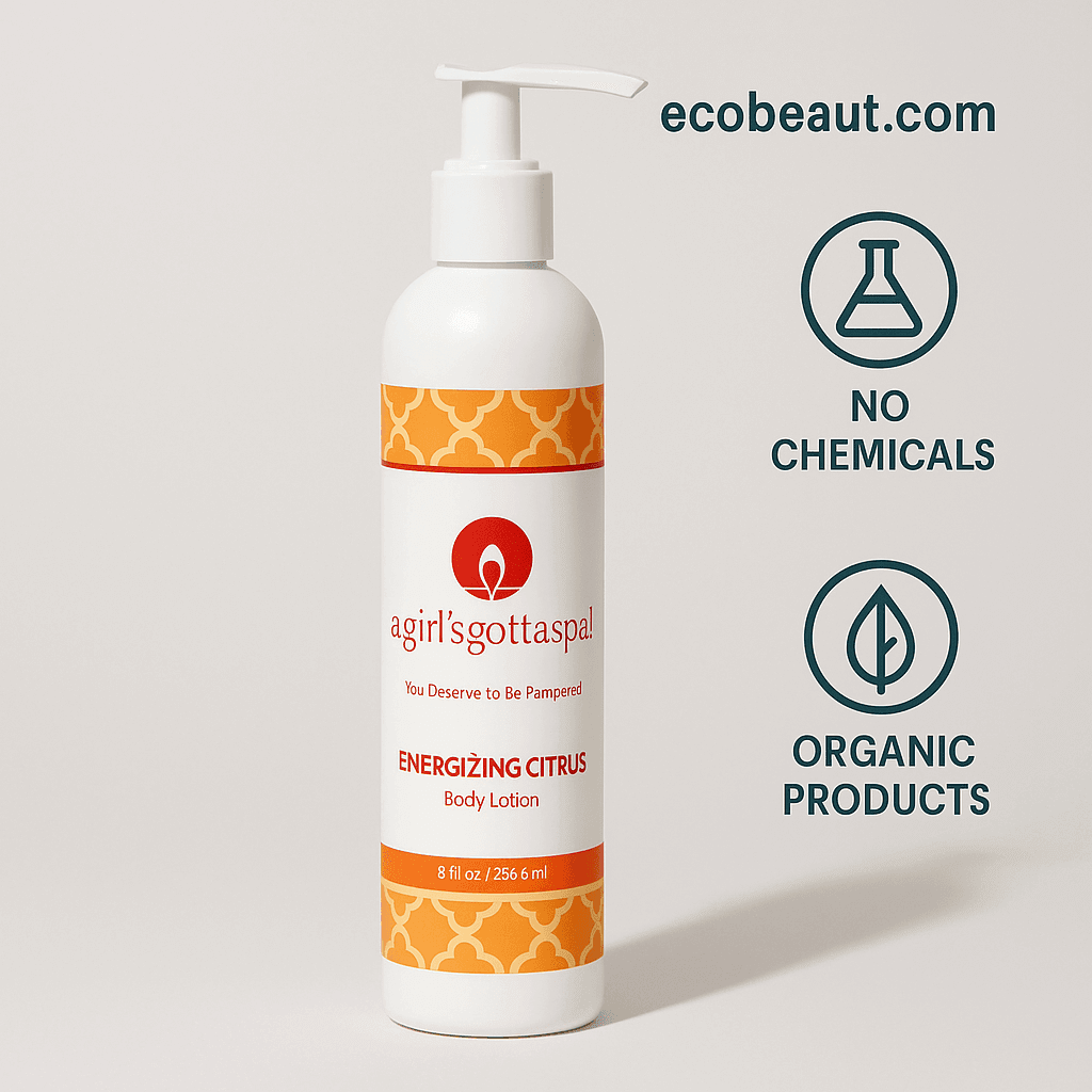 Close-up of Energizing Citrus Body Lotion bottle on neutral background – clean, natural body care product with organic formula, ecobeaut.com