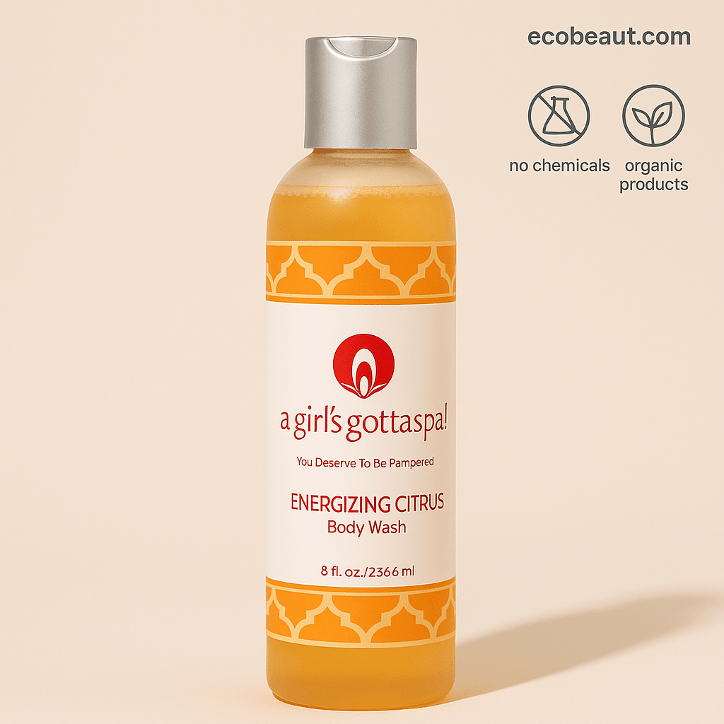 Close-up of Energizing Citrus Body Wash bottle with vibrant label and eco-friendly design – organic, sulfate-free body wash from ecobeaut.com