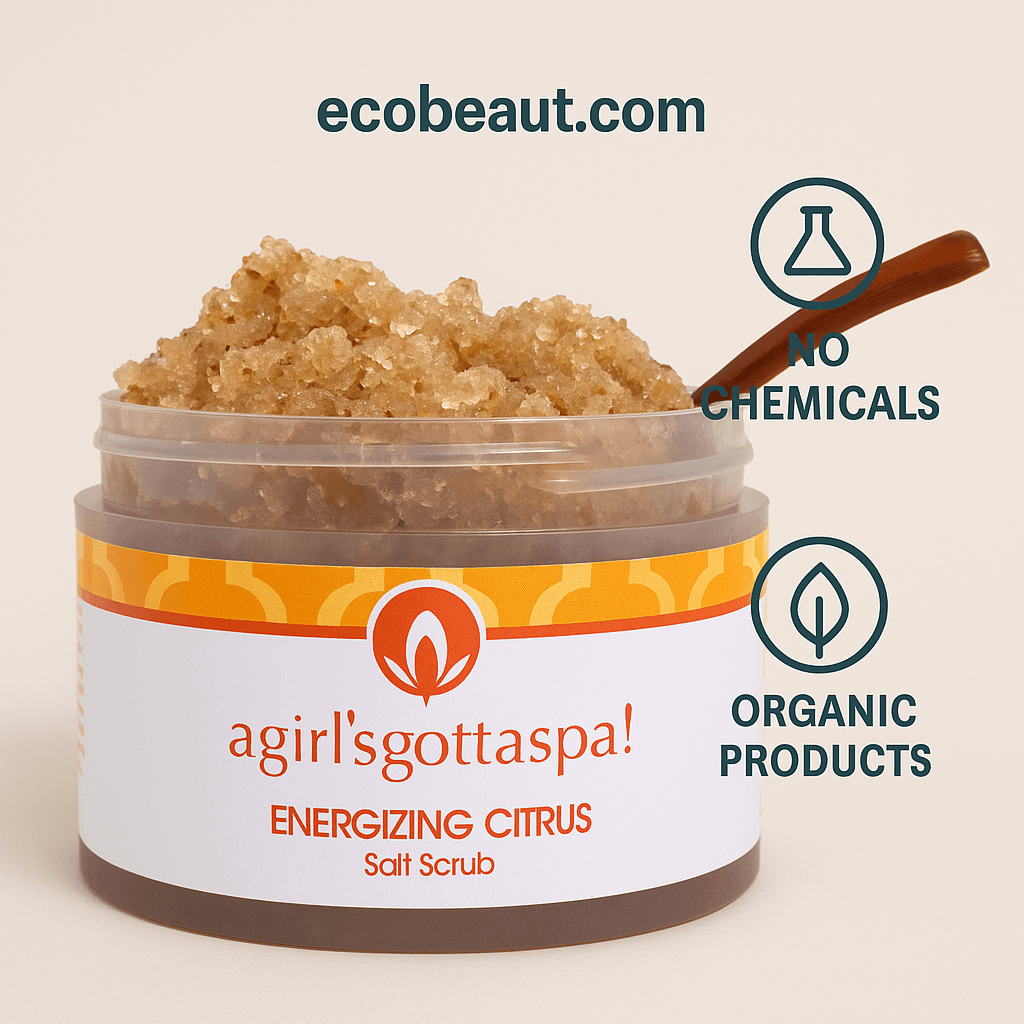 Close-up of Energizing Citrus Salt Scrub jar with orange label and organic texture – no chemicals, natural skincare by agirl’sgottaspa!, ecobeaut.com