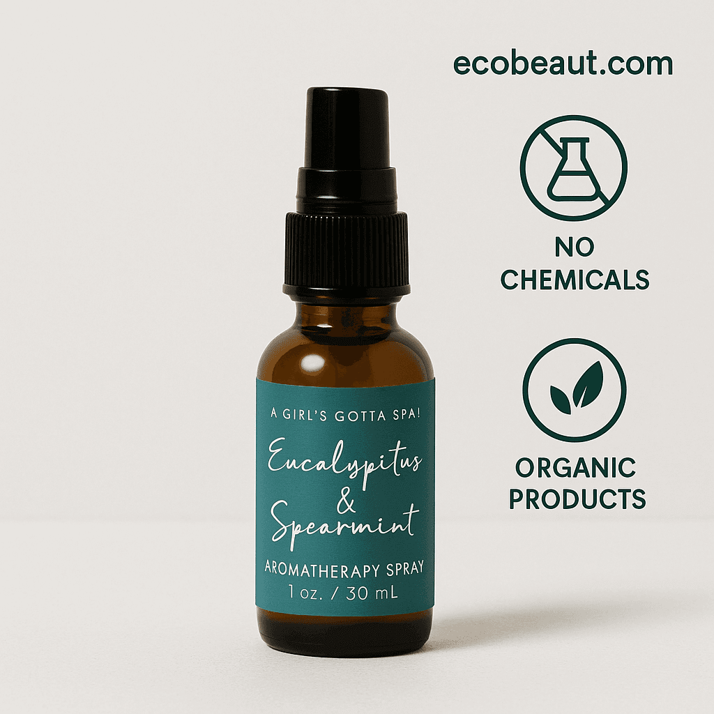 Close-up of Eucalyptus & Spearmint aromatherapy spray bottle on neutral background – clean organic wellness spray with no chemicals, ecobeaut.com