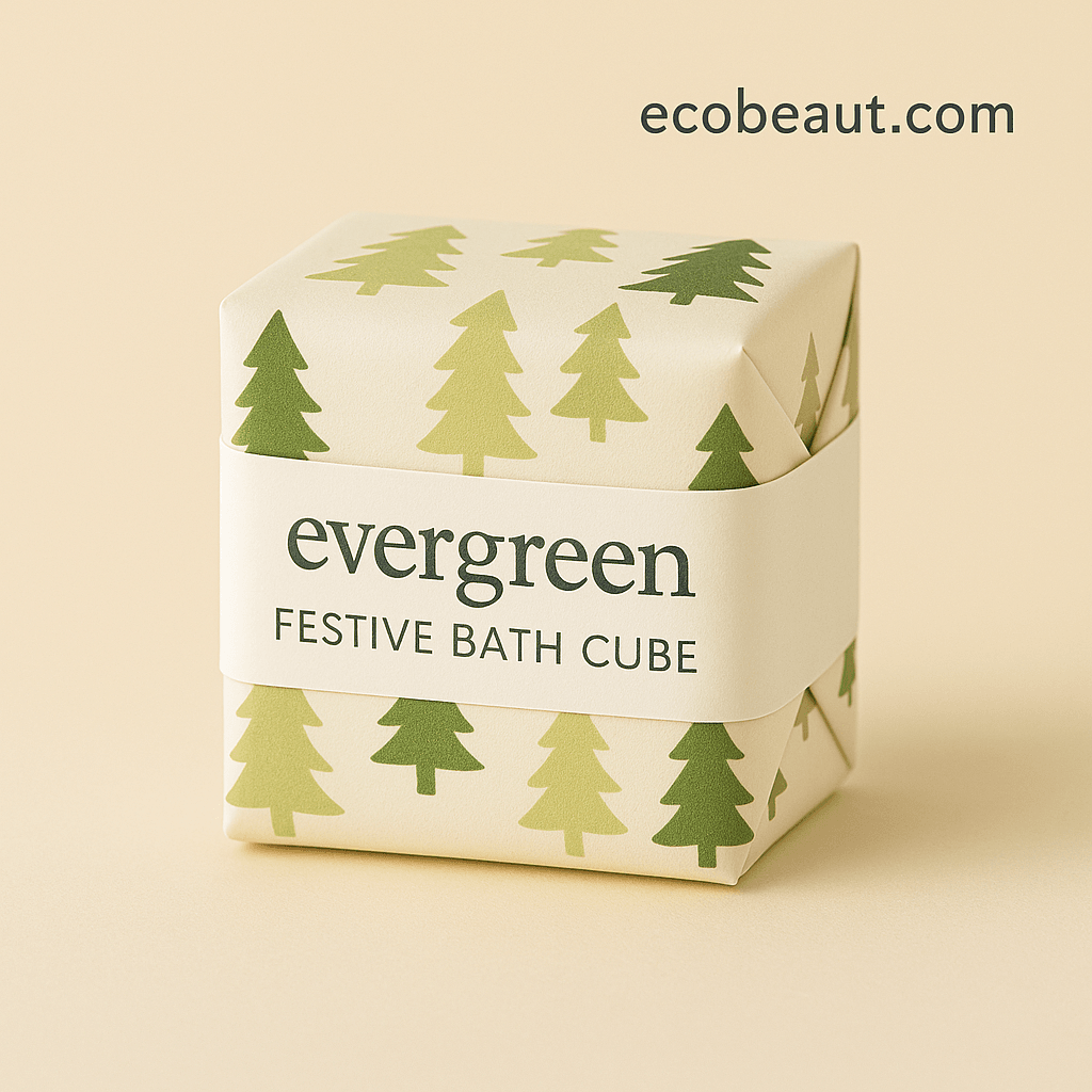 Close-up of Evergreen festive bath cube with green tree pattern on beige background – handcrafted holiday soap by ecobeaut.com