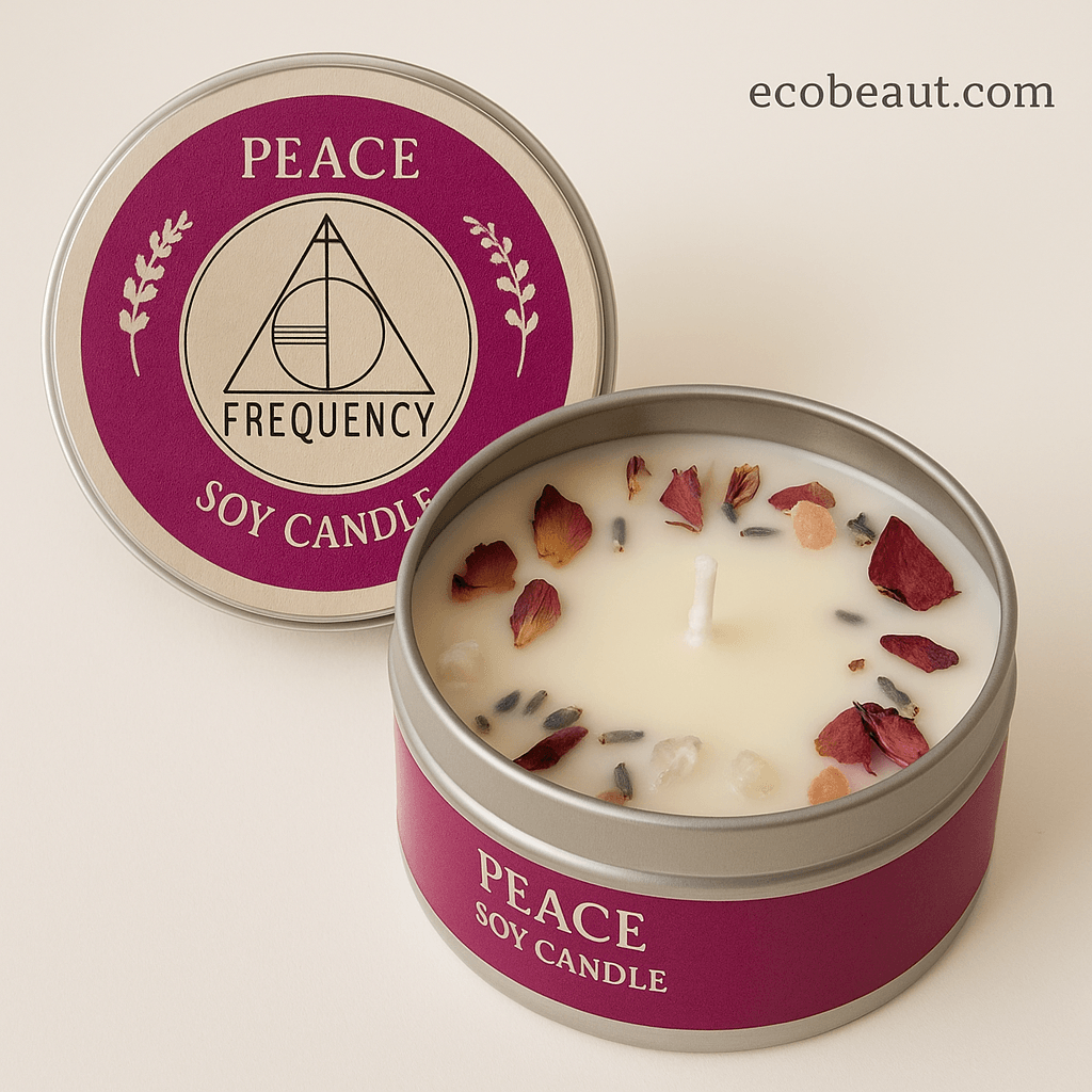 Close-up of Frequency PEACE soy candle on a light background with rose petals, lavender, and crystals in a silver tin, ecobeaut.com
