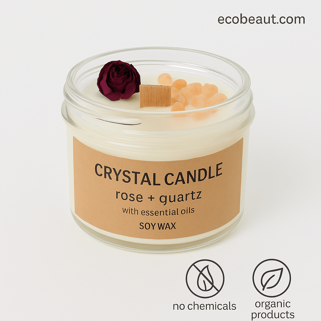 Close-up of Grief Candle with rose petals, essential oils, and wooden wick – organic, handmade, no chemicals – ecobeaut.com