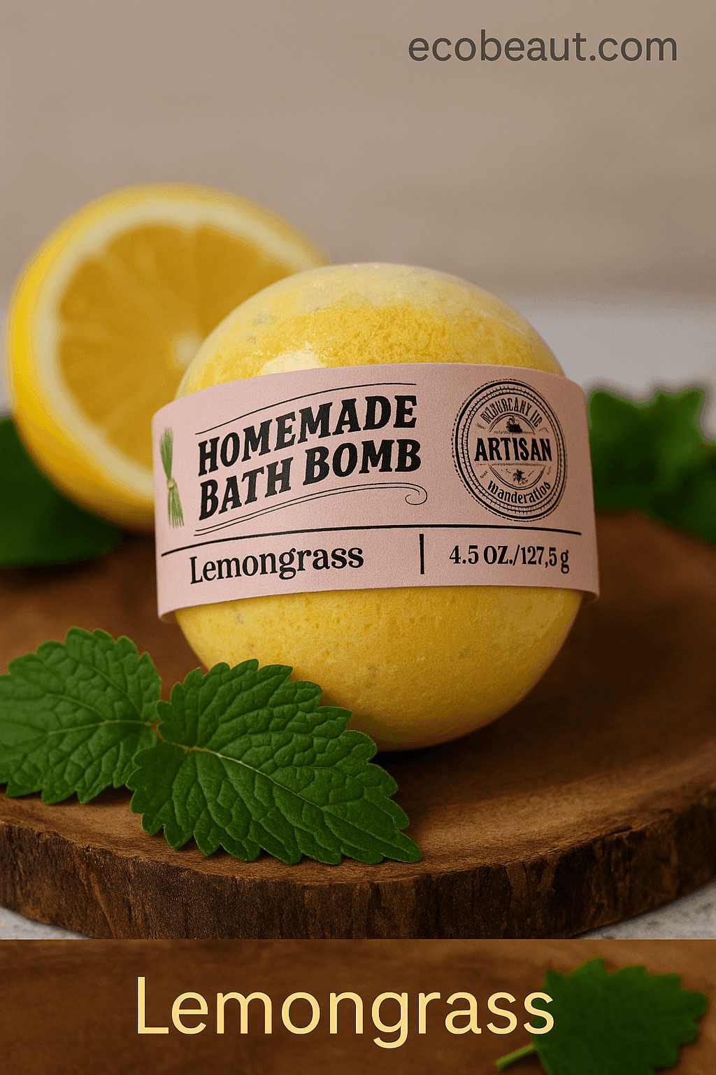 Close-up of Handmade Lemongrass Bath Bomb with eco-friendly packaging – ecobeaut.com
