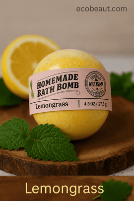 Close-up of Handmade Lemongrass Bath Bomb with eco-friendly packaging – ecobeaut.com