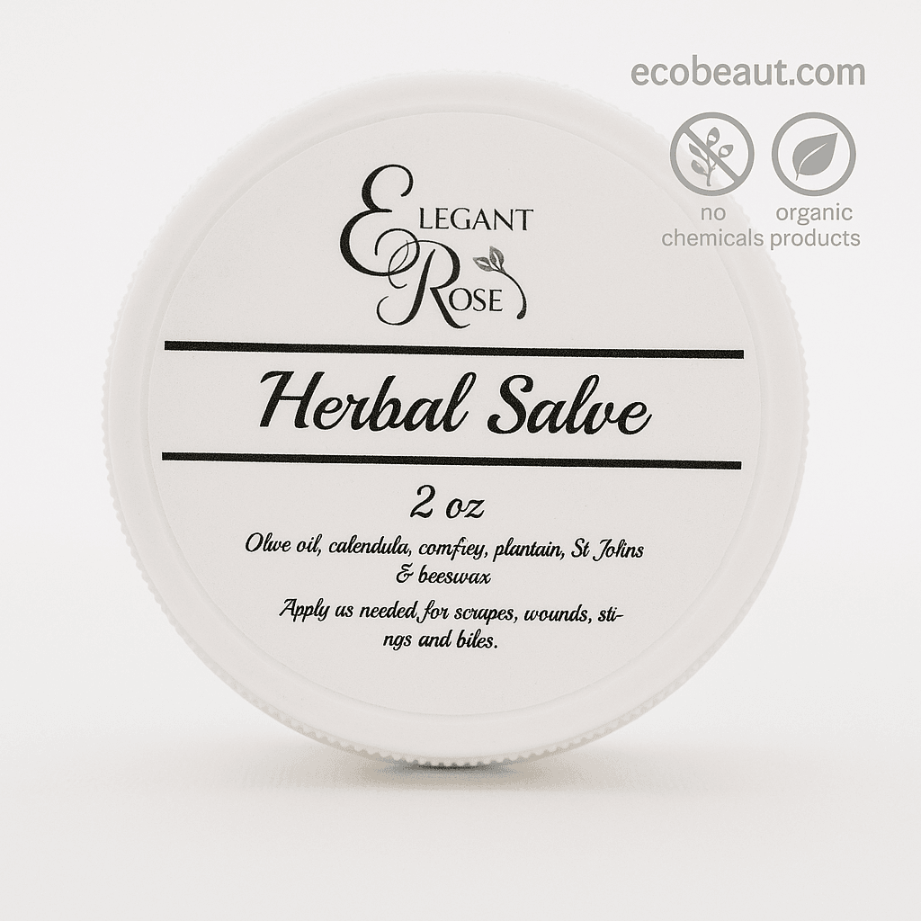 Close-up of Herbal Salve container from Elegant Rose with detailed label on white background – ecobeaut.com, no chemicals, organic products