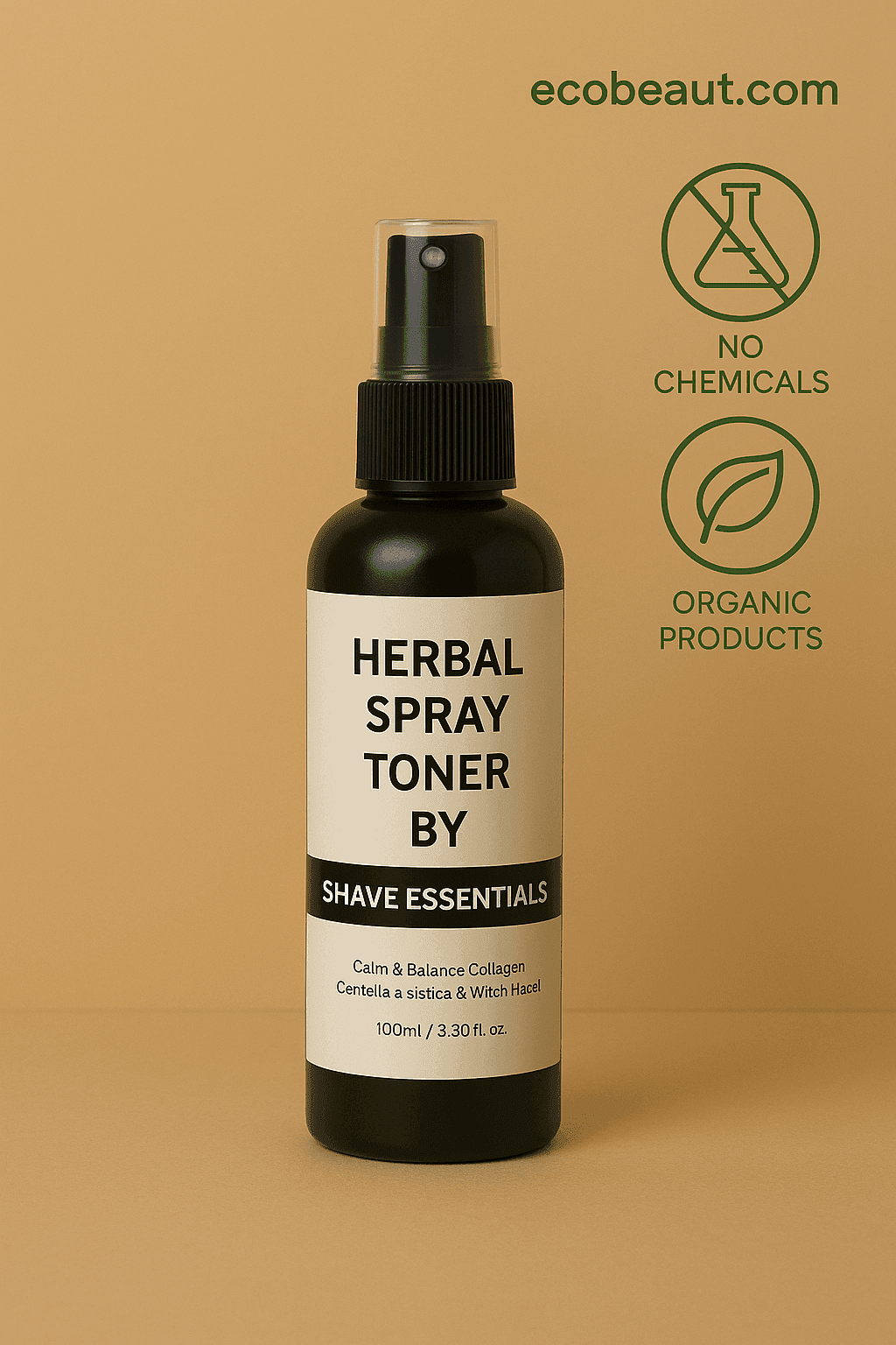Close-up of Herbal Spray Toner by Shave Essentials on a neutral background — no chemicals, organic product, ecobeaut.com