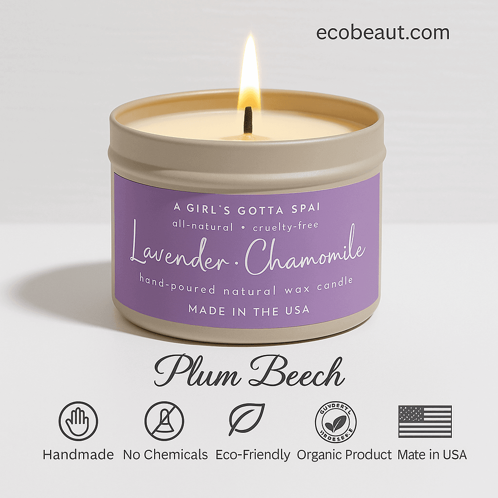 Close-up of Lavender Chamomile candle by Plum Beech on white background with clear product labels – Handmade, No Chemicals, Eco-Friendly, Organic Product, Made in USA – ecobeaut.com