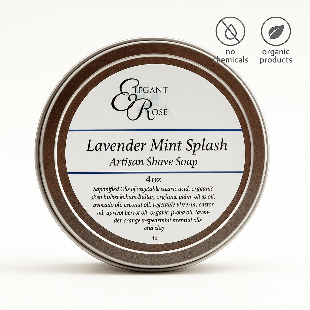 Close-up of Lavender Mint Splash Artisan Shave Soap tin showing ingredients label, on clean white background, ecobeaut.com branding, no chemicals, organic products