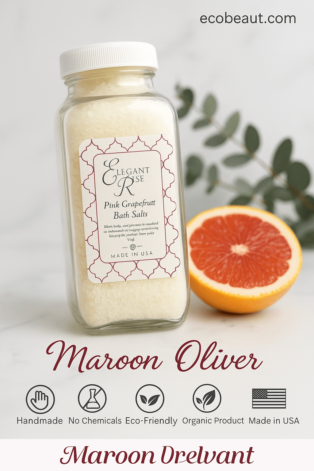 Close-up of Maroon Oliver organic pink grapefruit bath salts – handmade, no chemicals, eco-friendly and made in the USA