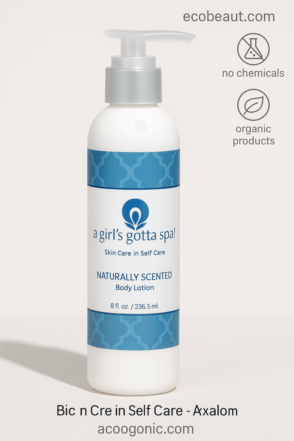 Close-up of Naturally Scented Body Lotion with blue label on neutral background – clean beauty product with no chemicals, organic ingredients, ecobeaut.com