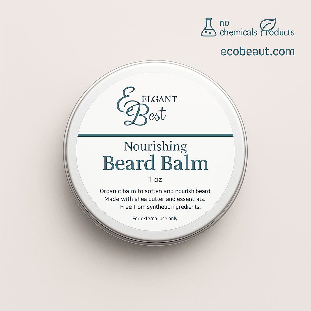Close-up of Nourishing Beard Balm tin with eco-friendly labels – no chemicals, organic product from ecobeaut.com